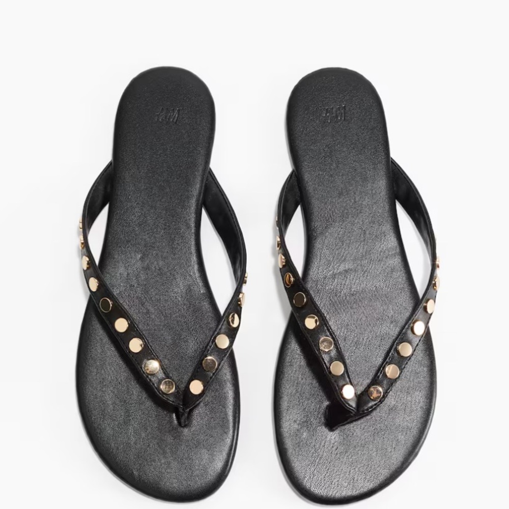 H&M Black Thong Sandals with Gold Studs